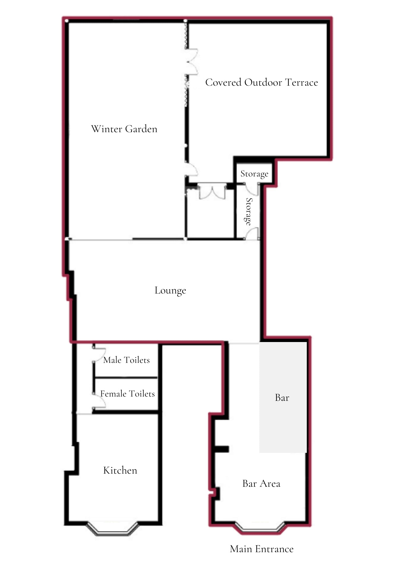 The Hackney E2 venue layout showcases event spaces, including the Winter Garden, Terrace, and bespoke cocktail bar, designed for seamless event flow.